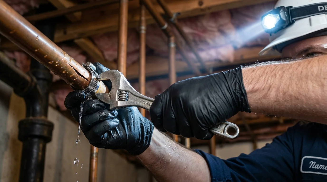 Emergency pipe clamp repair being performed by a Johns Plumbing LLC plumber in Marthasville