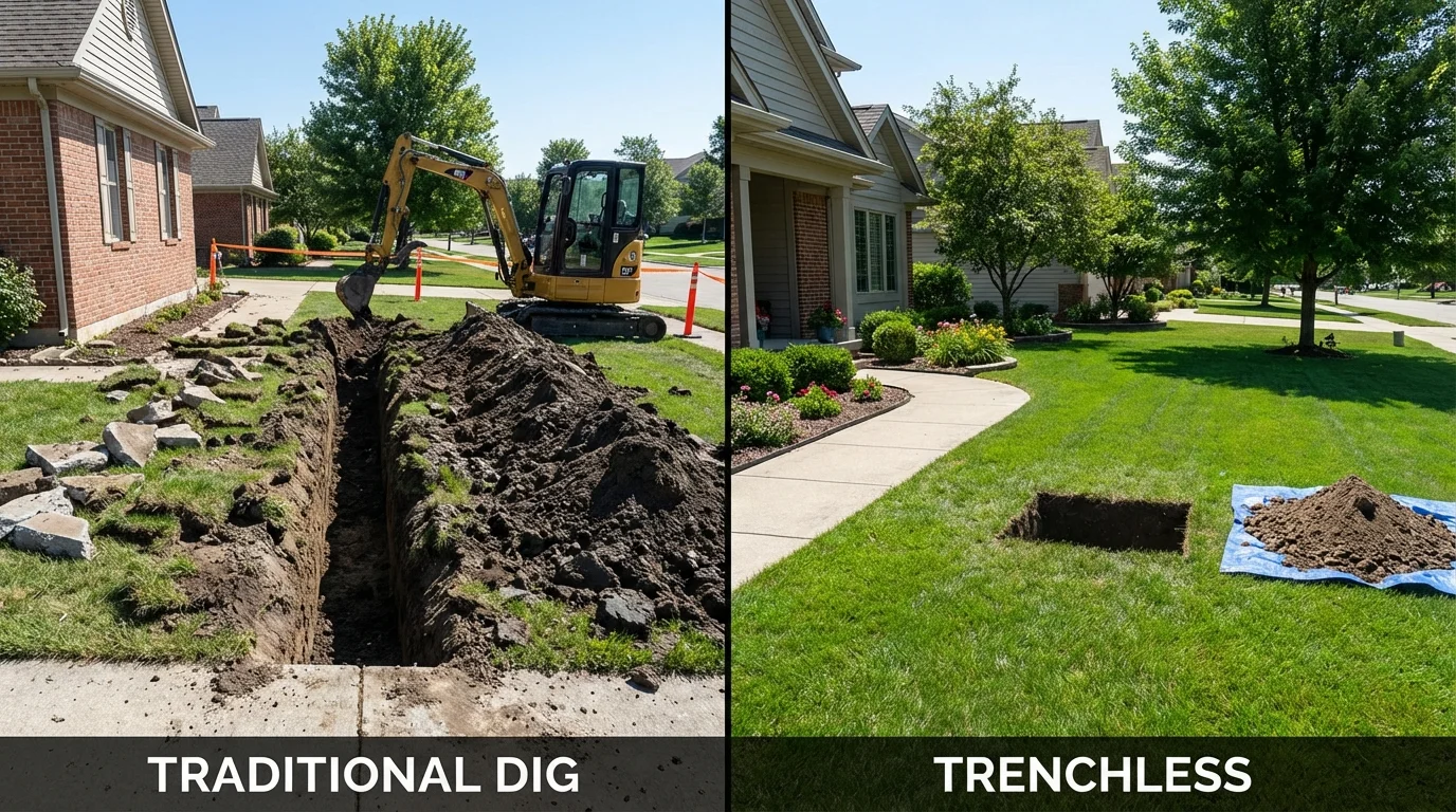 Trenchless sewer repair with minimal yard damage versus traditional excavation in Marthasville, MO