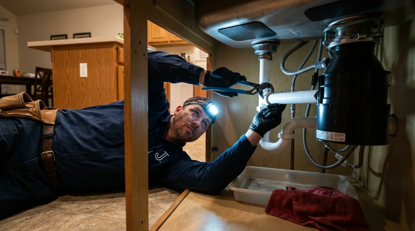 P-trap and supply line connections under a kitchen sink showing a common leak point in Marthasville, MO
